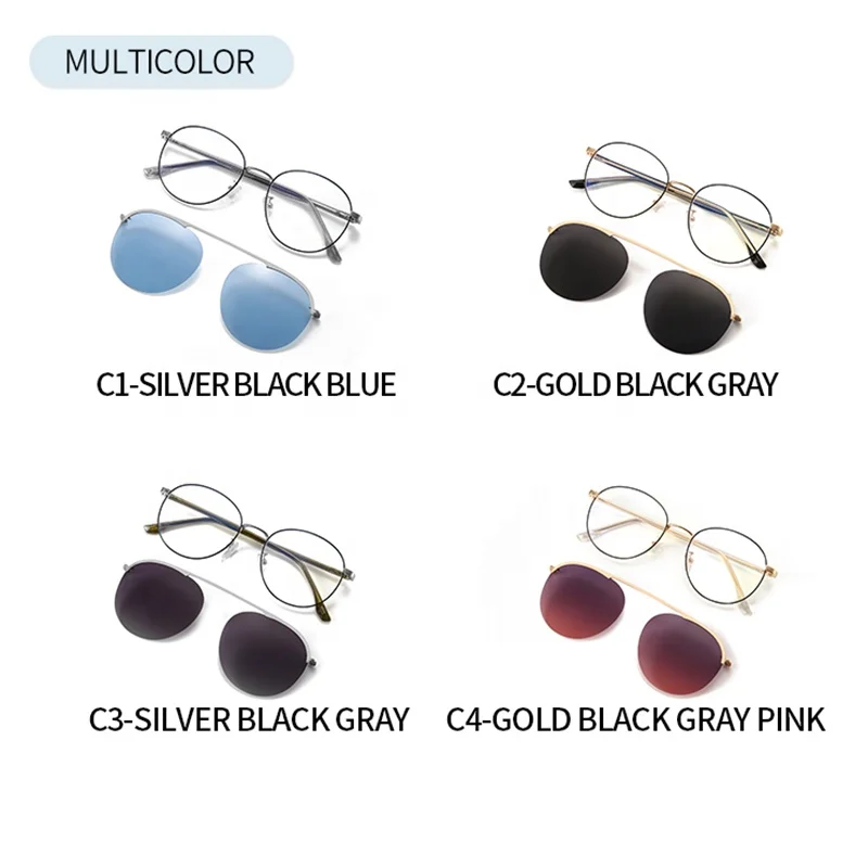 High quality vintage round shape light metal eyeglasses frames with magnetic clip on sunglasses for men women