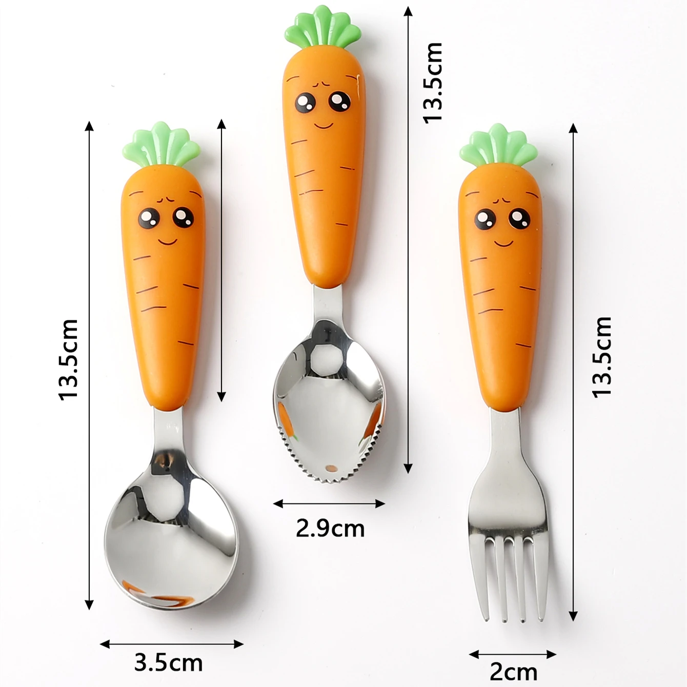 Kitchen tableware cute cartoon radish shape 3pcs kids stainless steel spoon and fork set