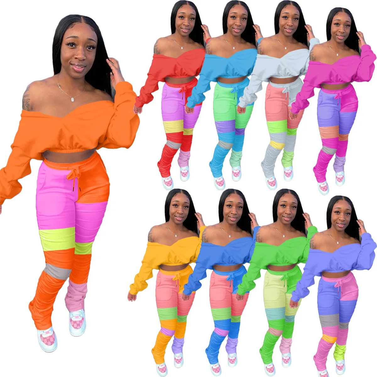 
2021 Hot selling batwing sleeve blouse crop top and stacked pants two piece set women ORZY8081 