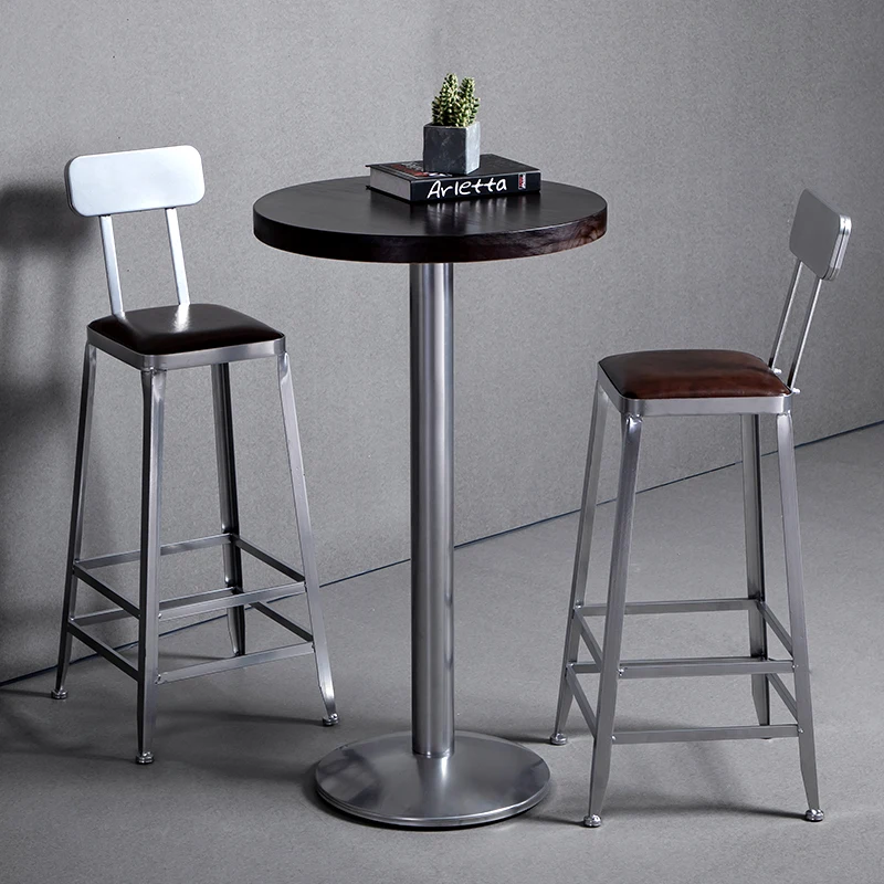 Metal Solid Wood Back High Bar Chairs Industry Style Bar Table And Chair Silver Metal Bat Set