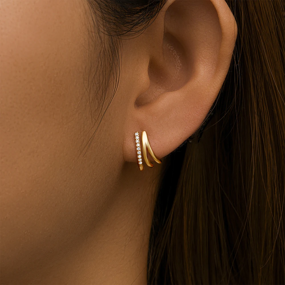 Minimalist 925 Sterling Silver 18k Gold Plated Cubic Zirconia Triple Huggie C-Shaped Women Hoop Earring