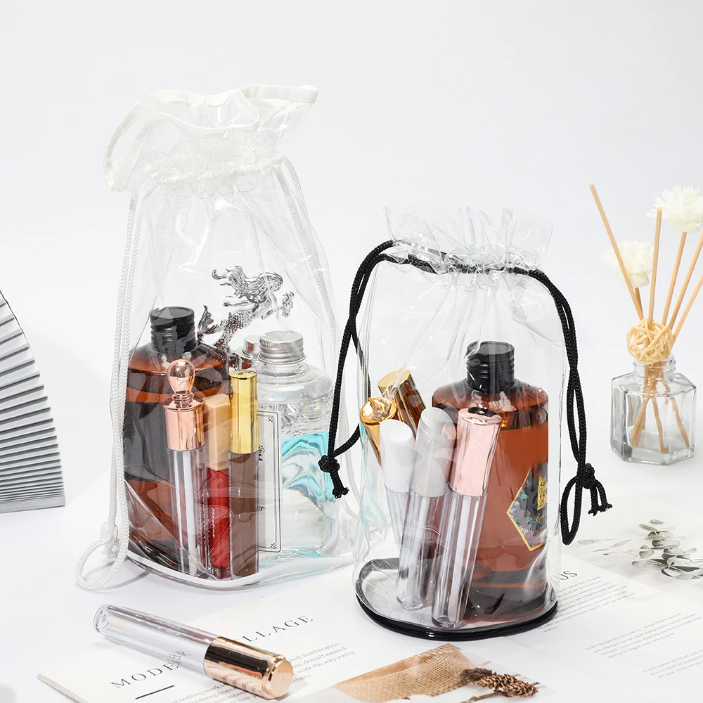 Customized Color Transparent Drawstring Plastic PVC Pouch Reusable Skincare Plastic Make Up Bag