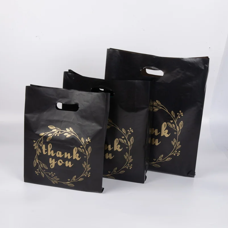 Custom Printed Logo Plastic Bag Personalized HDPE LDPE Black Thank You Die Cut Plastic Shopping Bag With Handle