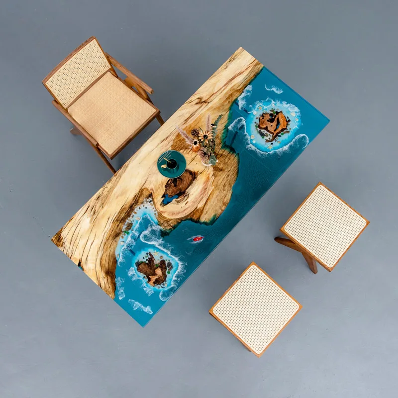 Luxury Solidwood Revier Resin Design  Customized Dining Table Solid Walnut Wood Ocean Epoxy Resin Coffee Table