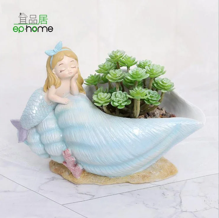 Lovely Conch and Little Mermaids Shape Polyresin Flowerpot for succulent, cactus plants, mini potted plants home decor