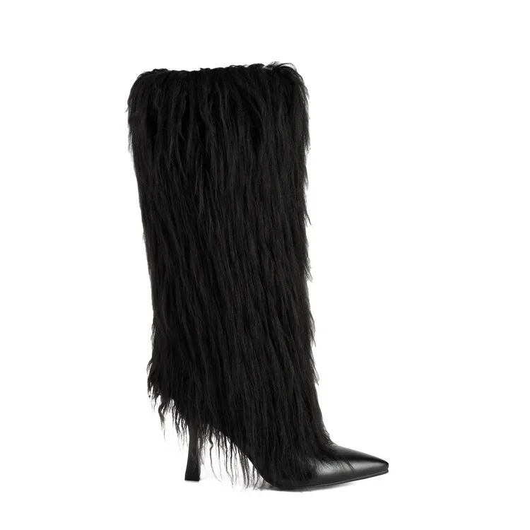2024 hot selling Winter black plush Stiletto boot leather Pointed Toe Ladies thin High Heels tassel women furry knee high boots