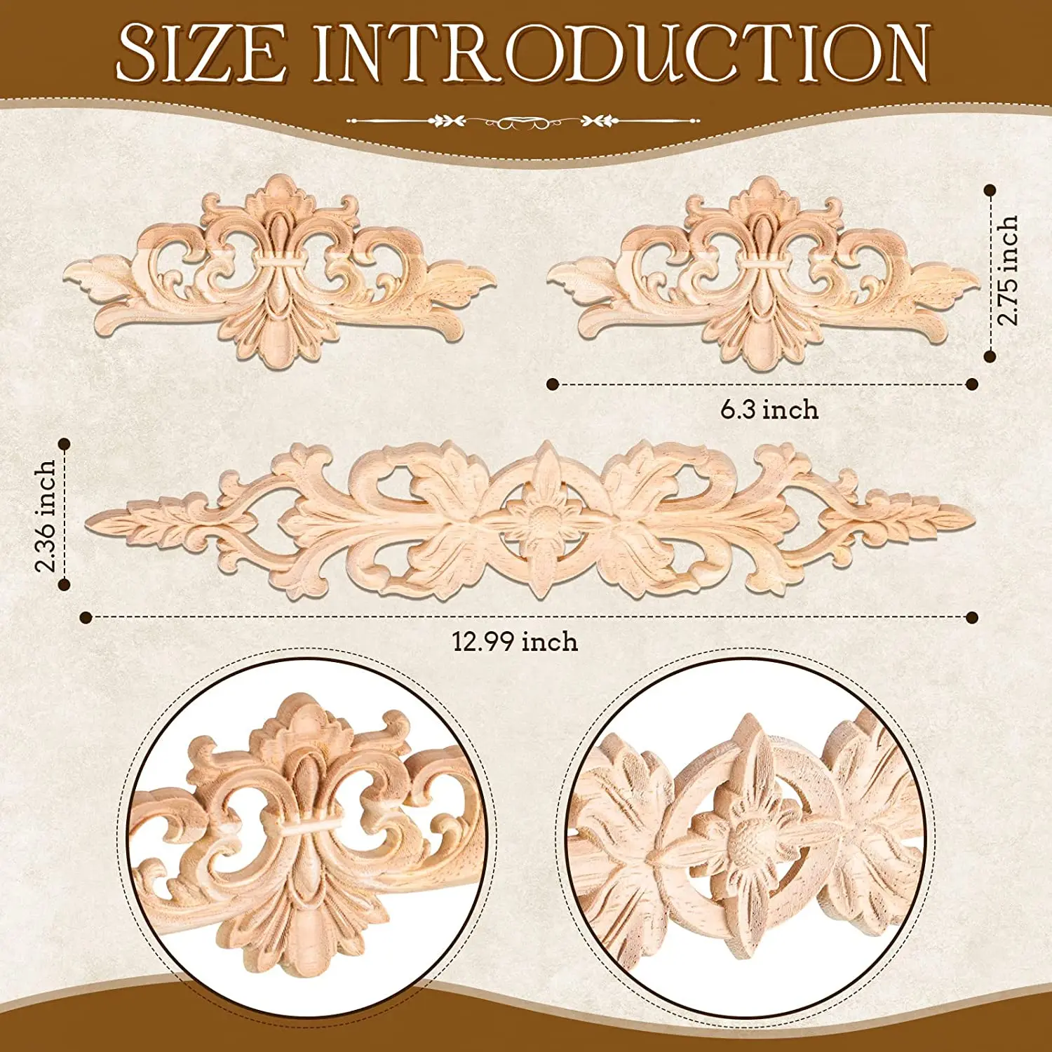 Wood Appliques Onlays Carved Long Decorative Wood Applique Trim Wooden Decal Corner Frame for Furniture Cabinet Dresser Bed Wall