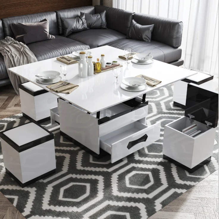 Classic Office Tea Concrete Look Custom Dark Brown Rectangle Wood Multifunctional Folding Lift Top Coffee Table Set