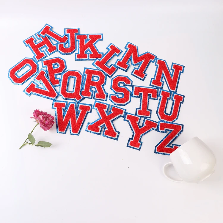 Wholesale varsity short jackets USA patches applique glue on iron on blue glitter and red chenille letters for independence day