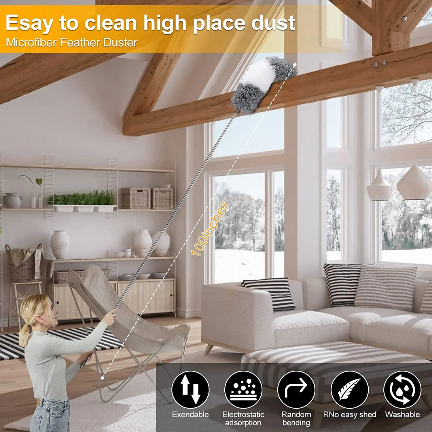 Telescopic Pole High Ceiling Fan Dust Cleaning Chenille Blinds Cleaning Cobweb Microfiber Duster