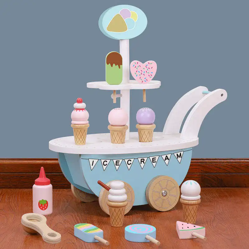 New Product Play Food Pretend Play Wooden Ice Cream Trolley Toy Educational Toys 3 Year Old Girls