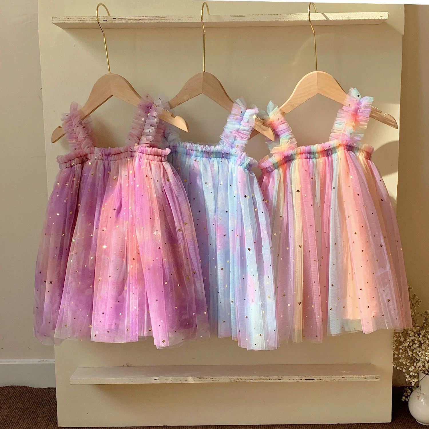 Star Moon Rainbow Mesh Girls Dress Halter Child Princess Skirt Baby Beach Skirt