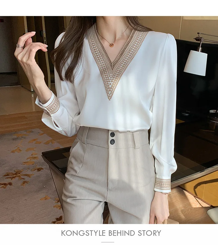 Spring/summer and autumn new fashionable and versatile V-neck satin chiffon shirt