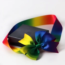 Rainbow ribbon bow gift printed decoration ribbon bow pre tied elastic ribbon bow with elastic loop