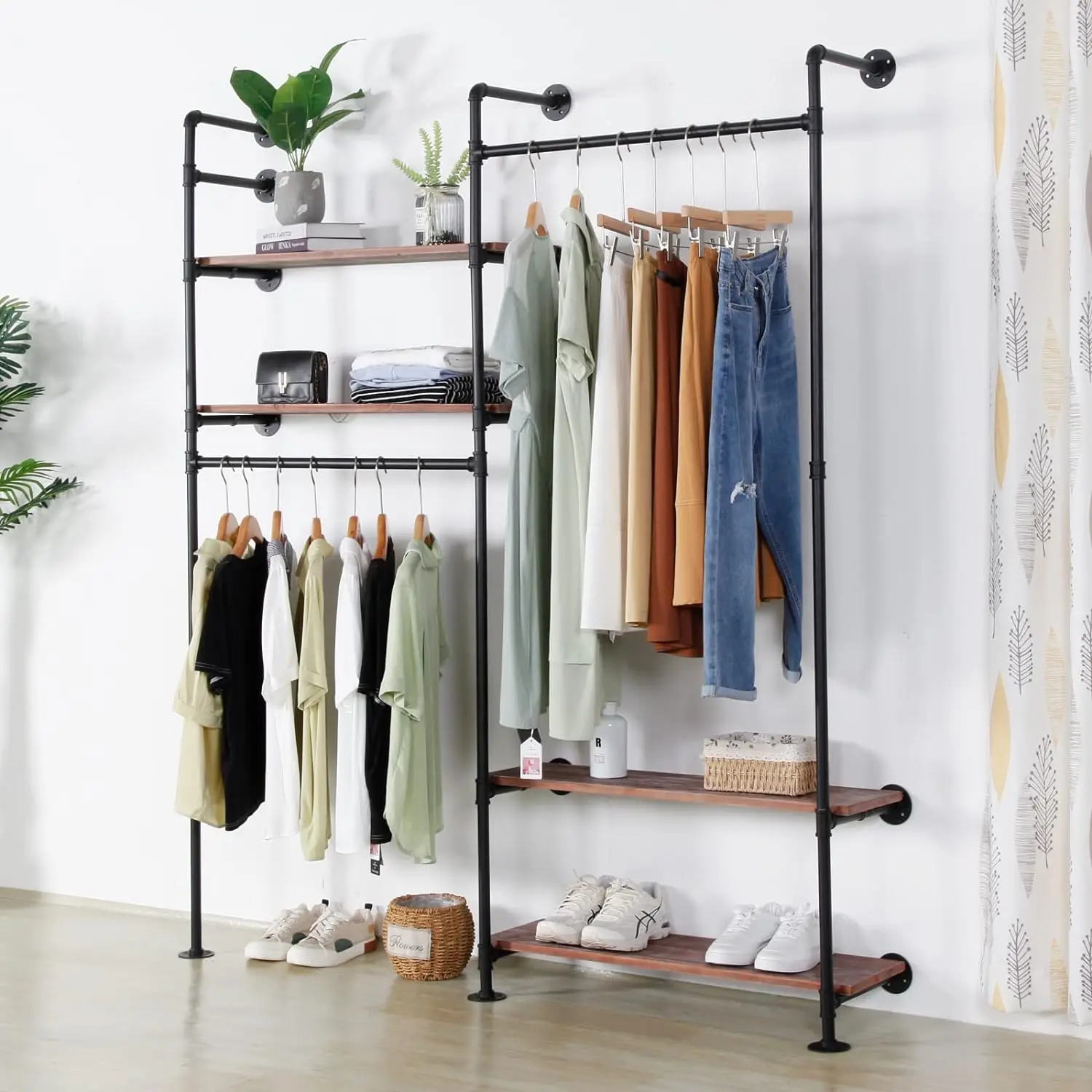 Industrial Pipe Double Hanging Rods Clothing Rack Garment Display on Wall for Clothes Retail