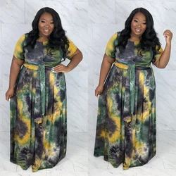 LW- 6871 S-5XL Fat women party vintage dresses short sleeve tops and 2 piece long skirt set plus size 5xl clothing