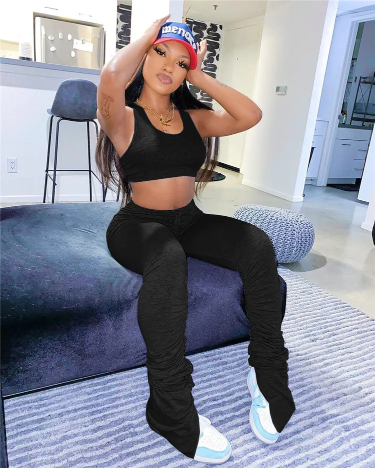 2020 Women Solid Color Yoga Slit Pants Joggers Sports Stacked Trousers Leggings Stacked For Women Two Piece Set