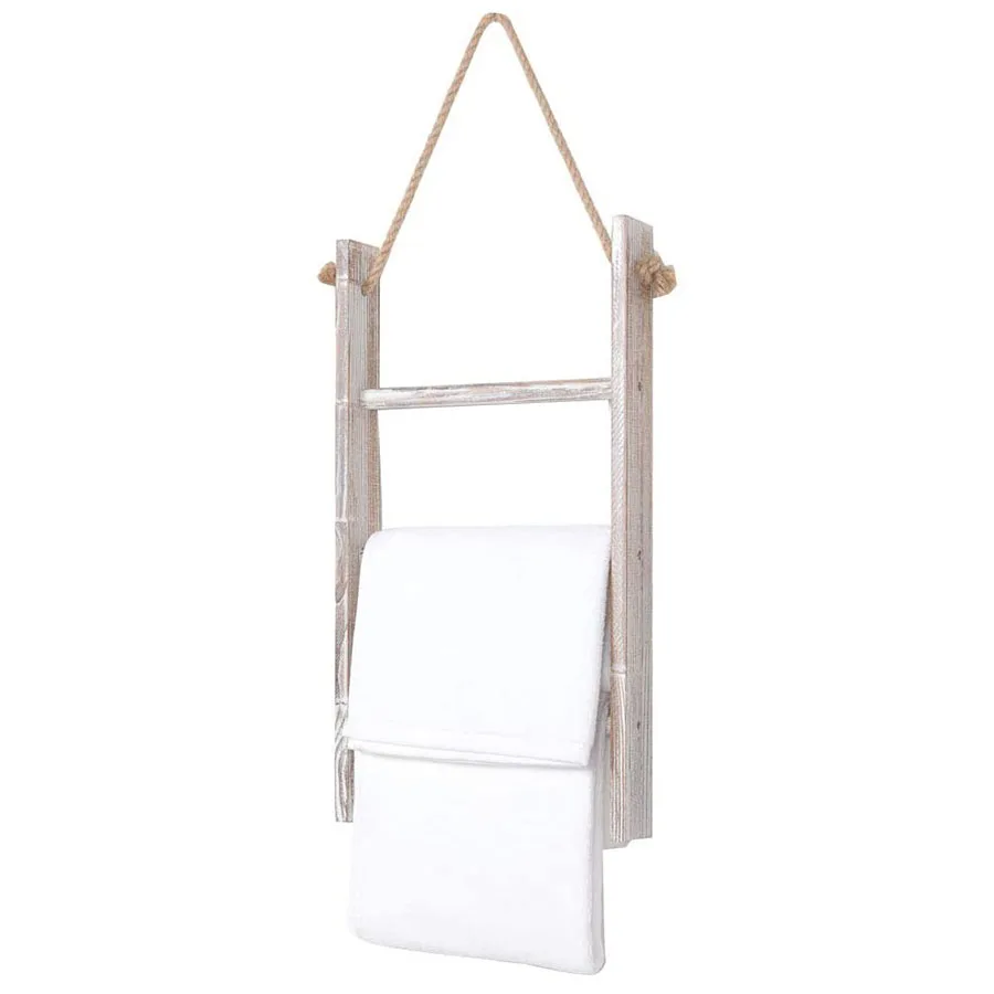
Wooden Ladder Towel Rail Wall-Mounted Hanging Bathroom Wood Towel Rack With Jute Rope 