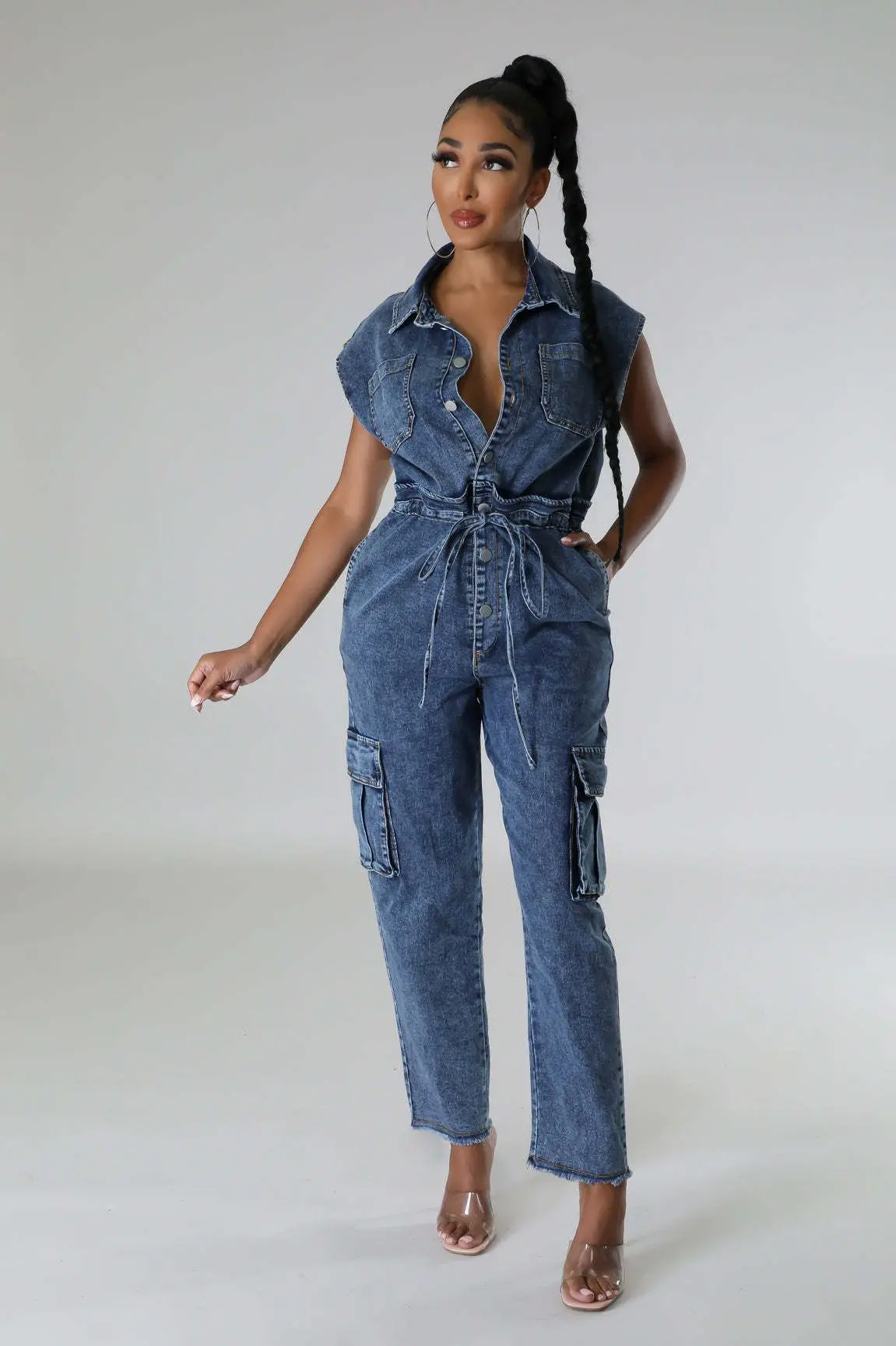 Trend Women Clothes Sexy Fashion Slim Short Sleeve Denim Jumpsuit
