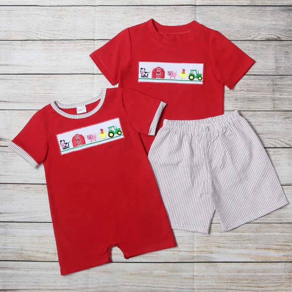 
RTS farm embroidery stripe custom kids wholesale fashionable kids clothing 