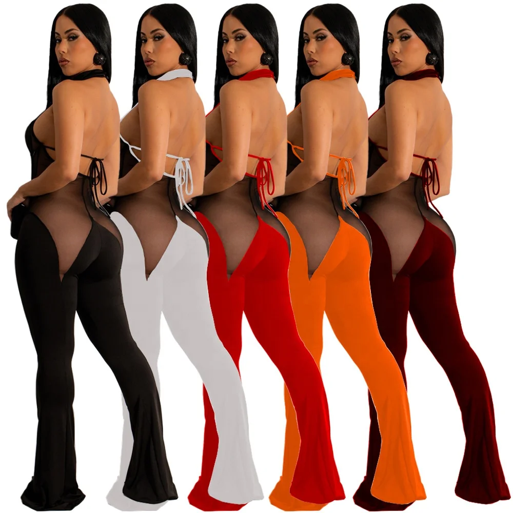 2023 Sexy club wear women jumpsuits fashion bandage see-through jumpsuit boycon one piece jumpsuits
