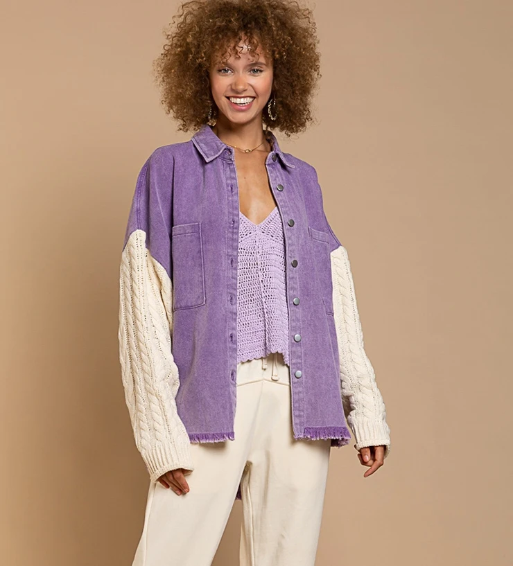 Hot Sale Ladies Solid Color Casual Jackets Loose Pocket Stitched Wool Sleeve Denim Jacket With Pockets