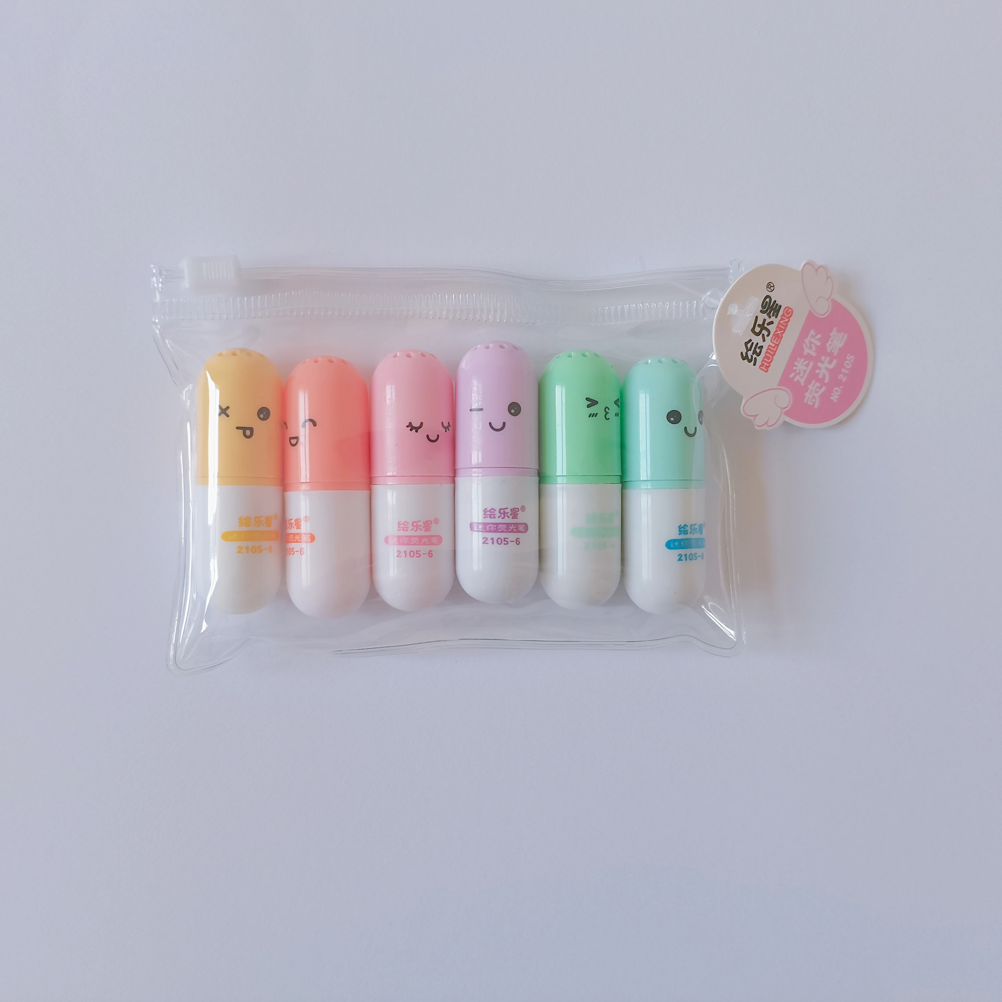 High Quality 6 Pastel Color Candy Color Mini Highlighter Cute Face Kawaii Creative Design Capsule Pill Shape Marker Pen