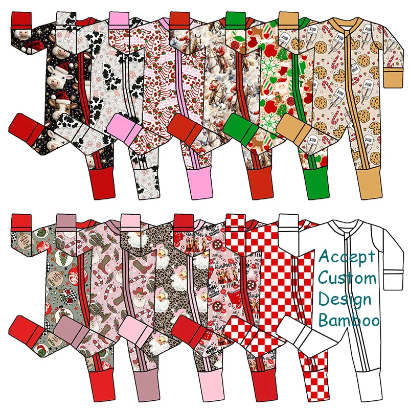 Хит продаж праздничная бамбуковая детская одежда 95% 5% вискоза печать на заказ цельный Рождественский сложенный спальный детский длинный с молнией