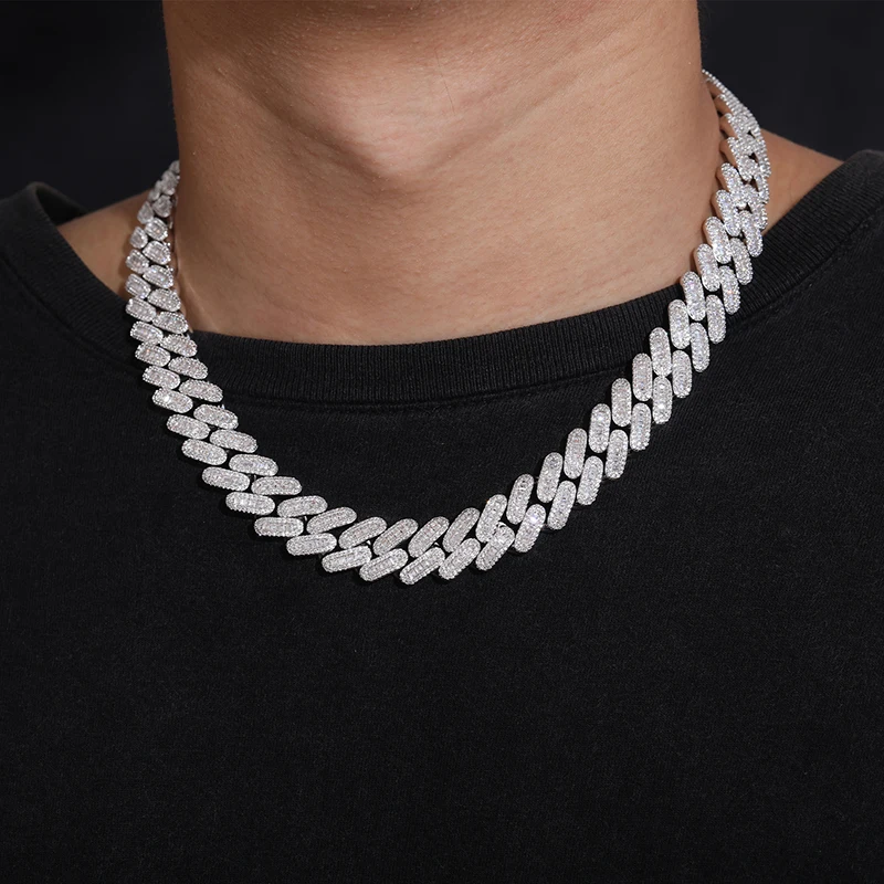 Pass Diamond Tester 14mm 925 Sterling Silver VVS Baguette Moissanite Iced Out Pill Shape Miami Cuban Link Chain Necklace