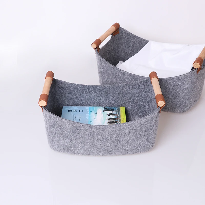 Китайский поставщик, войлочная пустая корзина для фруктов, корзина для хранения для спальни с деревянной ручкой