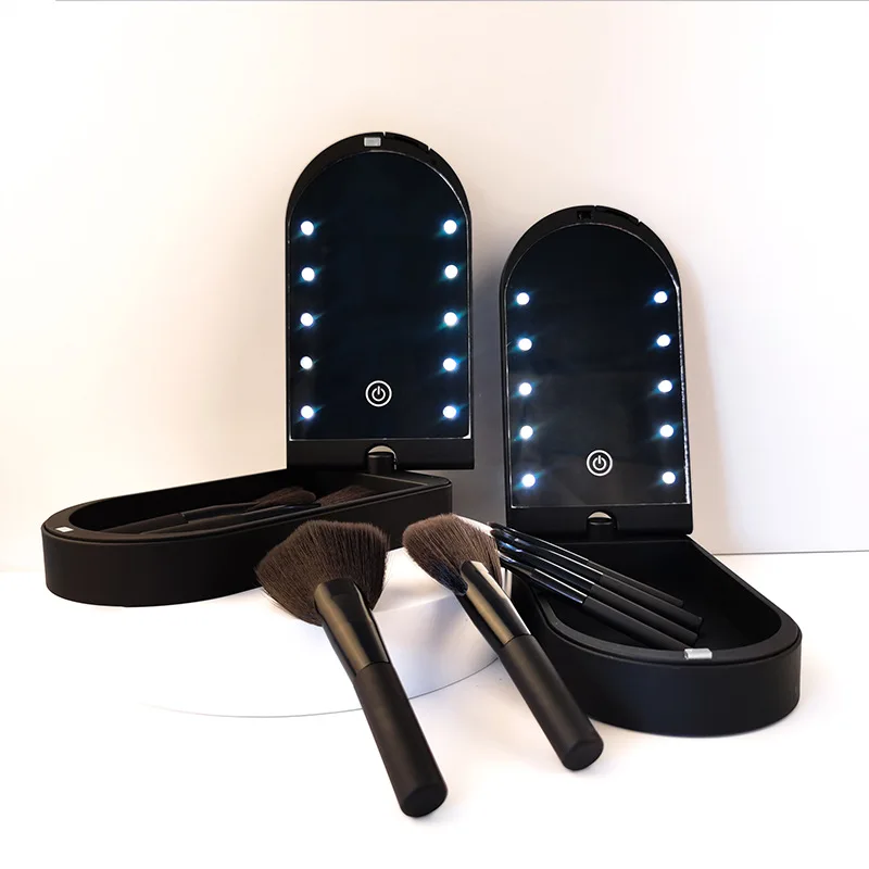 2024 Latest Design Travel Makeup Brush Set 6pcs Foundation Powder Concealer Eye Shadows Makeup Set with LED light Mirror