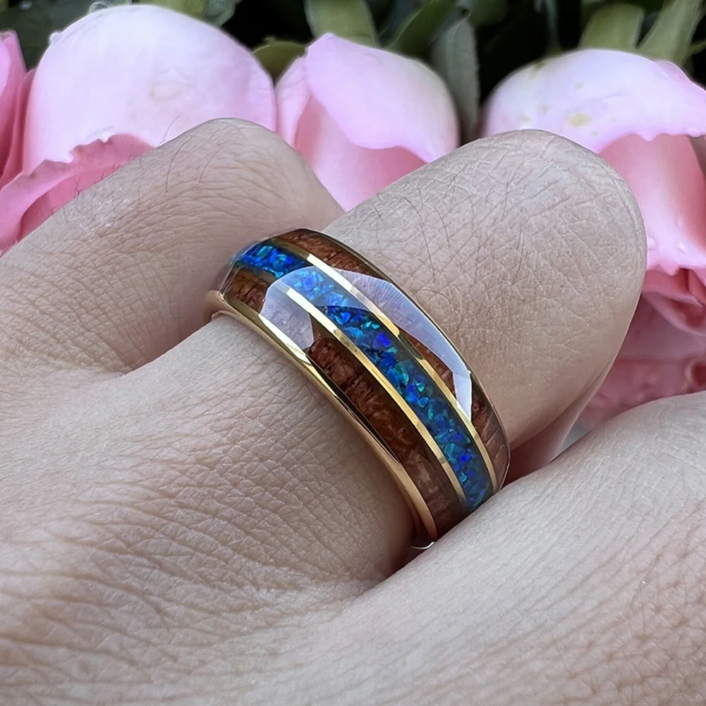 Coolstyle Jewelry 8mm Blue Opal Koa Wood Inlay Gold Tungsten Carbide Ring for Men Women Fashion Wedding Band Comfort Fit