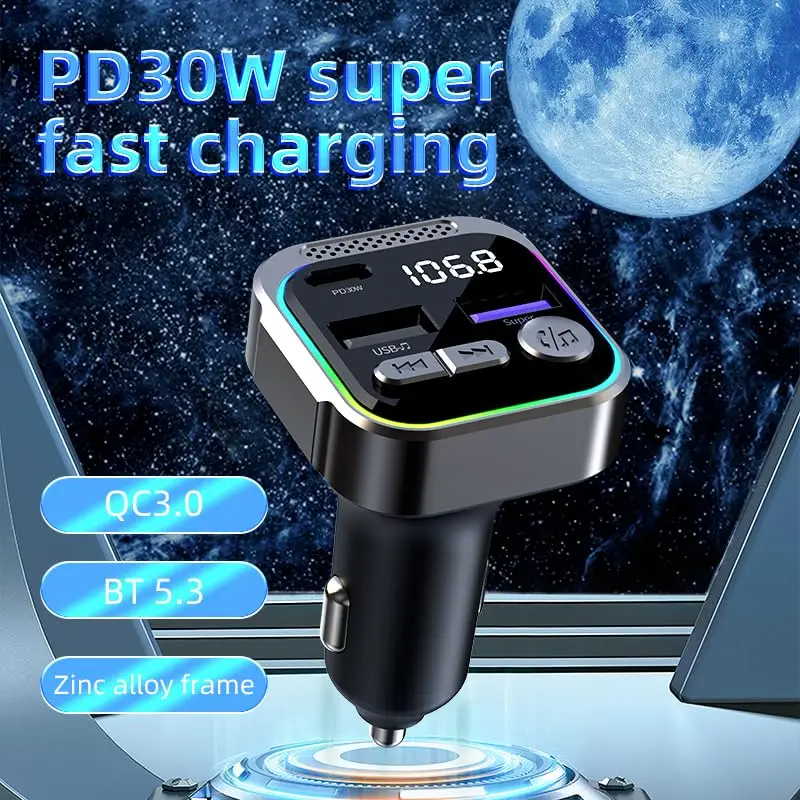 Car Blue Tooth 5.3 USB Charger PD30W QC 3.0 Car MP3 Player Music FM Transmitter Hands-free Calling Compatible with 12V/24V Cars