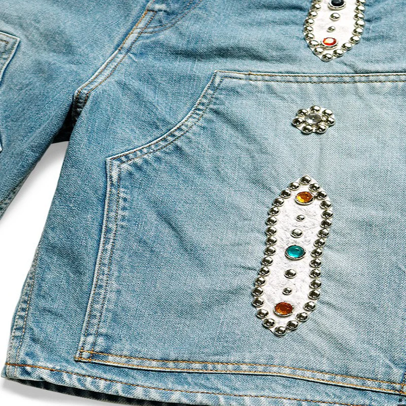 Custom Metal Stud Gem Men jeans Shorts Vintage Streetwear Rhinestone Denim Shorts Men