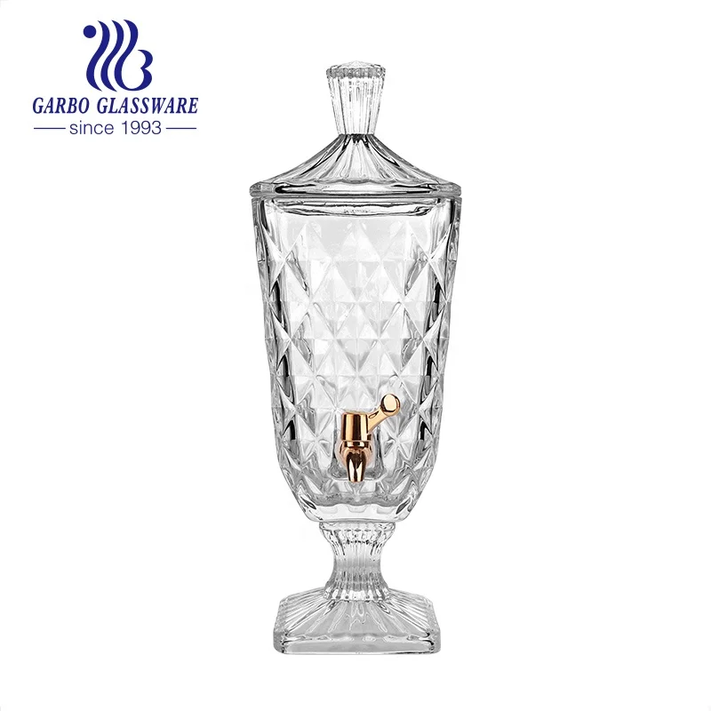 Hot sale square large glass juice dispenser jar with spigot wholesale 2L engraving cold liquor glass beverage dispenser with tap