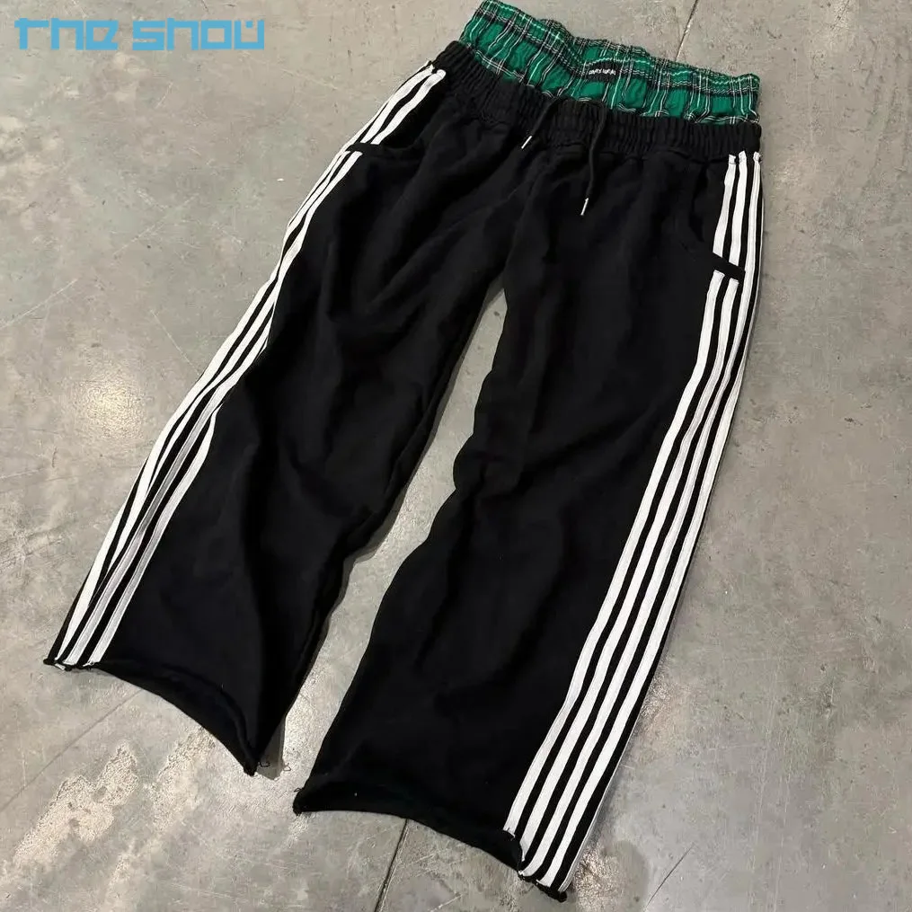 Double Waisted Trackpants 100% Cotton Side Stripes Sweat Pants Men Jogger Pants Street Fashion Baggy Track Pants