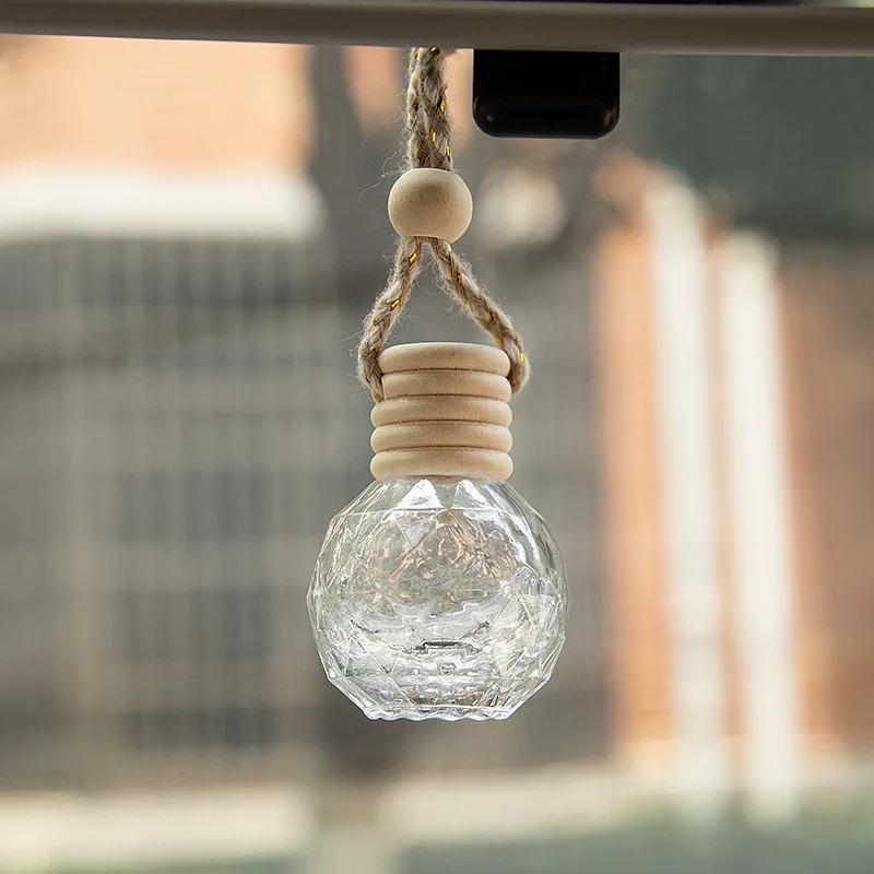 round Diamond Shape Transparent Glass Car Air Diffuser Bottle with Hanging Rope Clear for Perfume Oil Air Freshener Packaging