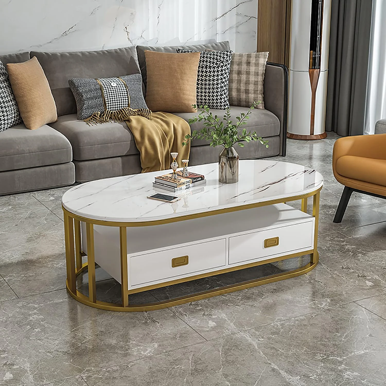 Home Furniture Center Luxury Wooden White Gold Frame Marble Top Coffee Table