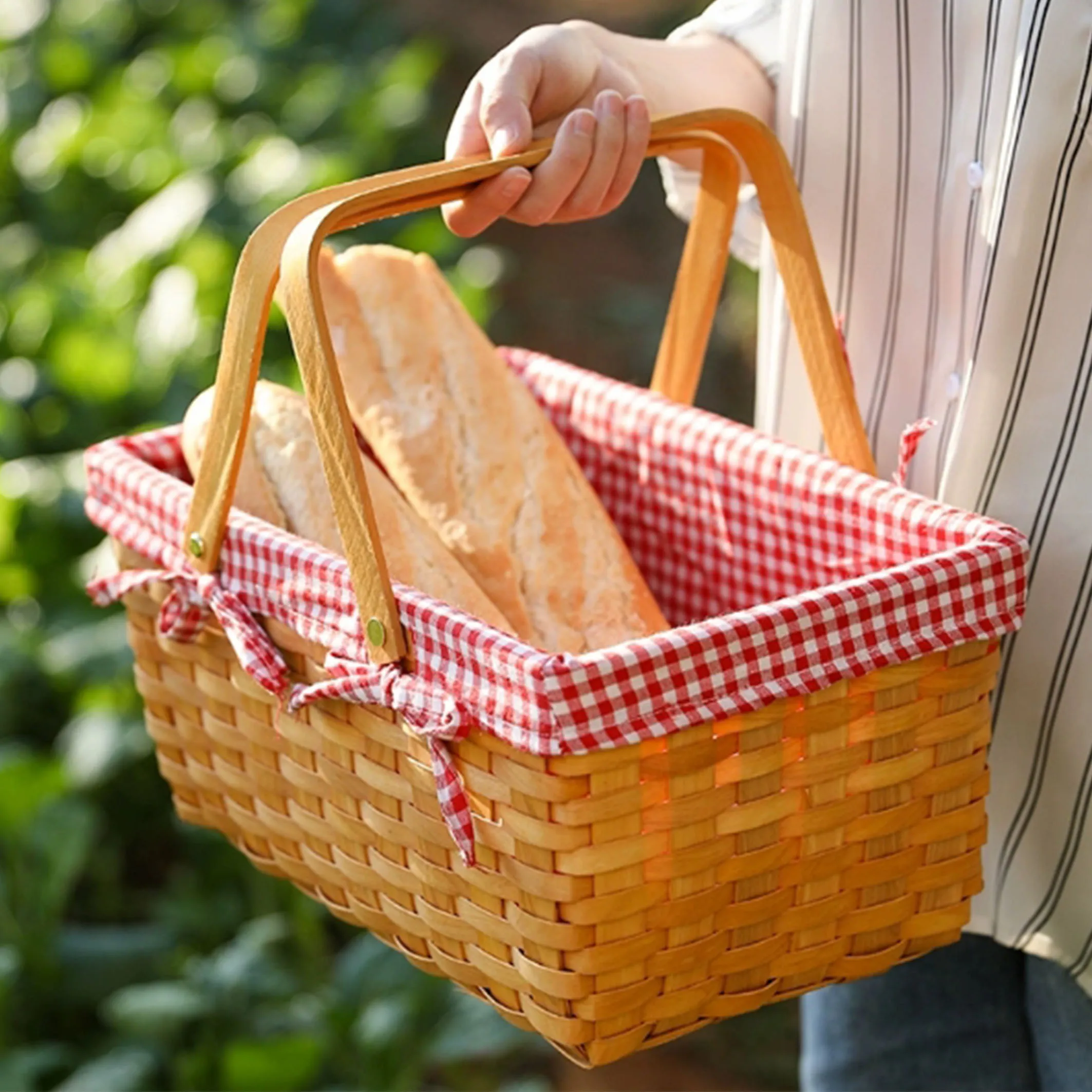 Picnic Basket Natural Woven Woodchip with Double Folding Handles