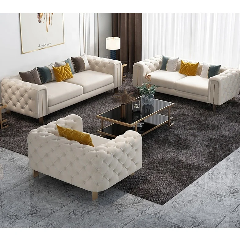 High Quality Royal Golden European Tufted Leather Corner Sofa Set Living Room Furniture