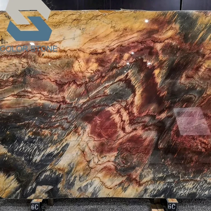 Bookmatched Stone Wall Bold Gold Yellow Waves Black Jacaranda Quartzite Slabs Kitchen Waterfall Island Tops