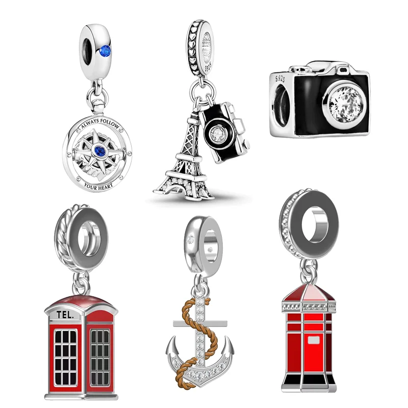 925 Silver Love Travel Compass Camera Iron Tower Anchor Telephone Booth DIY Beads Fit Original Pan Charms Bracelet Fine Jewelry