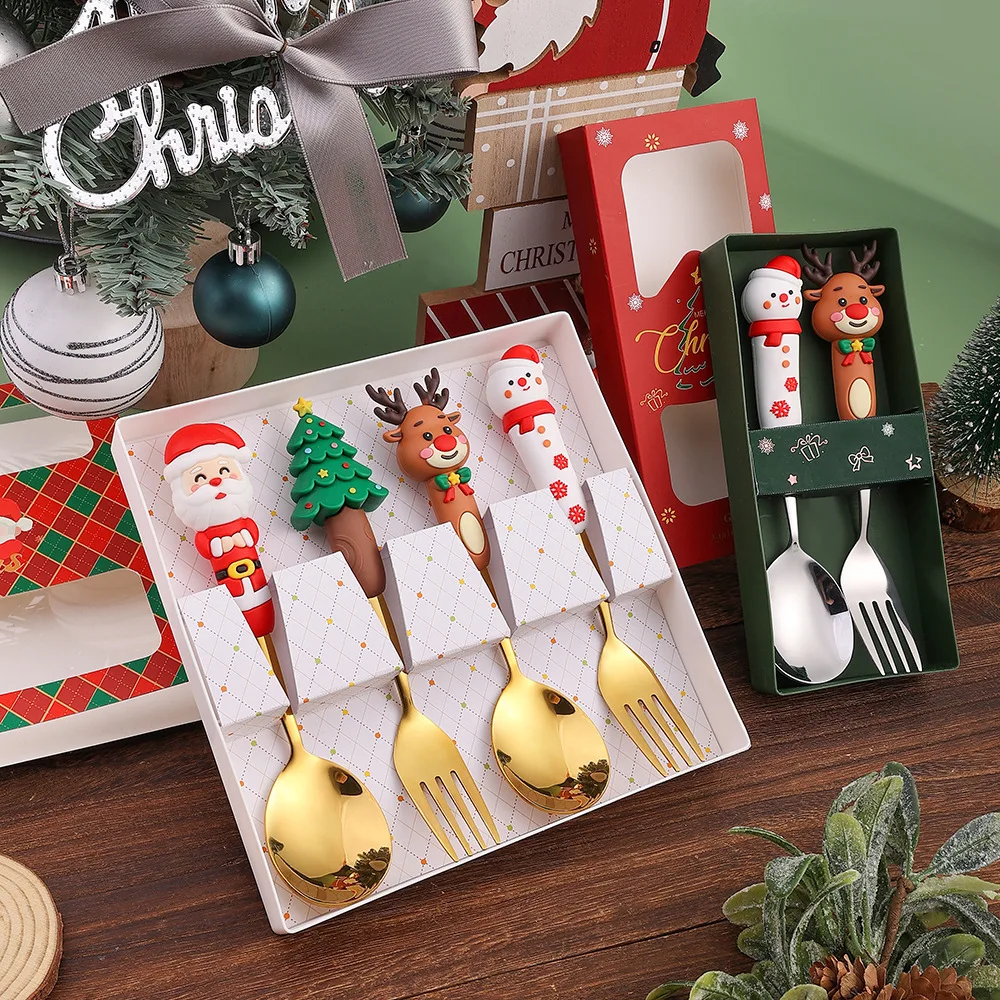 Christmas Spoon Tableware Set Gift box packaging Snowman Elk Coffee Spoon Santa Claus Fruit Fork Doll Spoon Gift Christmas Gift
