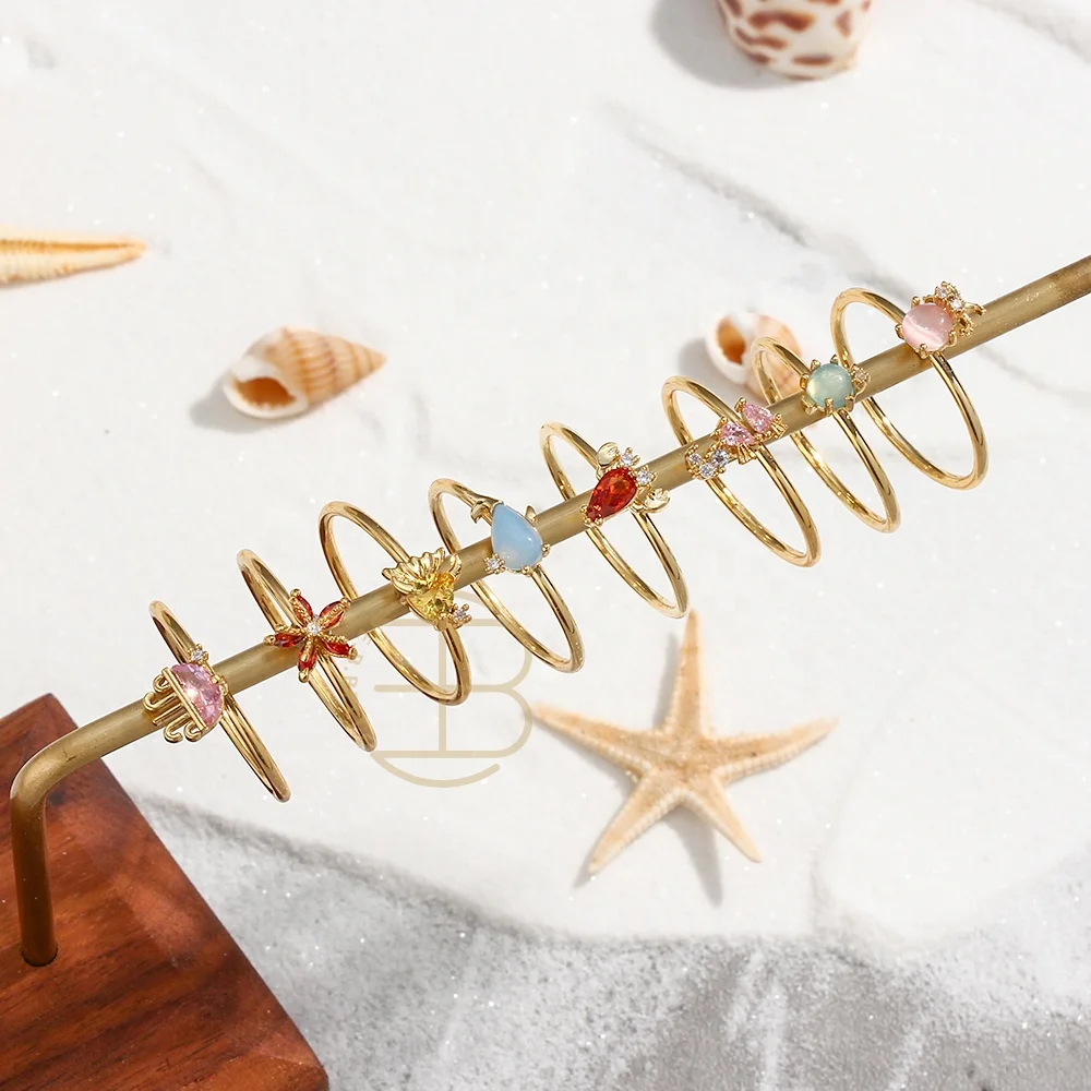 Позолоченные латунные Красочные Кристаллы 18K циркониевые кольца с океанским животным изящные женские ювелирные изделия