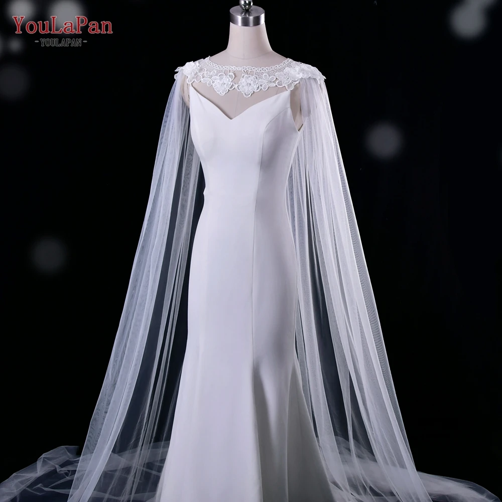 YouLaPan VG18 New Lace Round Neck Trailing Shawl 3D Flower Long Tulle Cape Women Party Wedding Dress Bridal Shoulder Covering