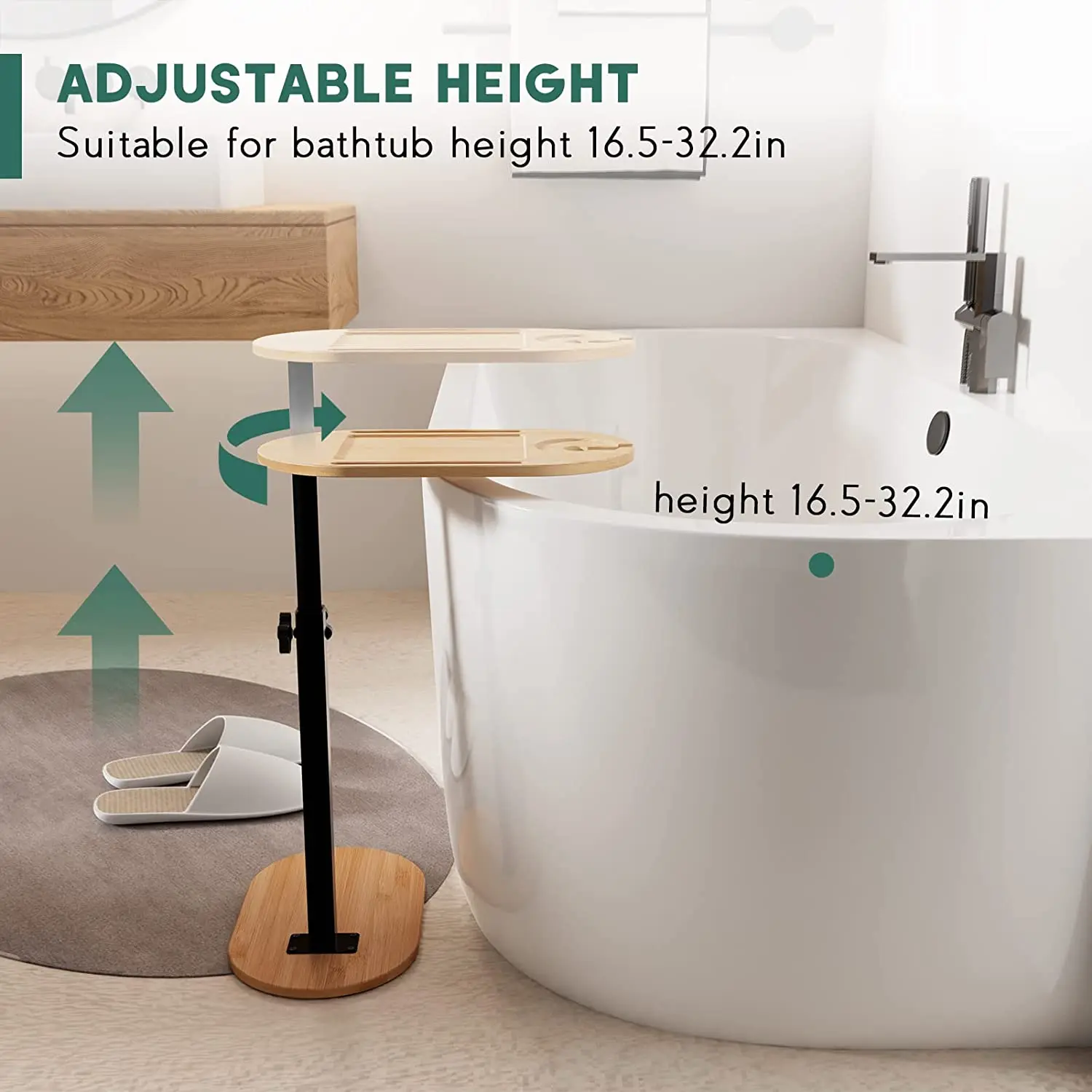 Bamboo Bathtub Tray Table with Adjustable Height Freestanding Bath Caddy Tray for Tub Against Wall