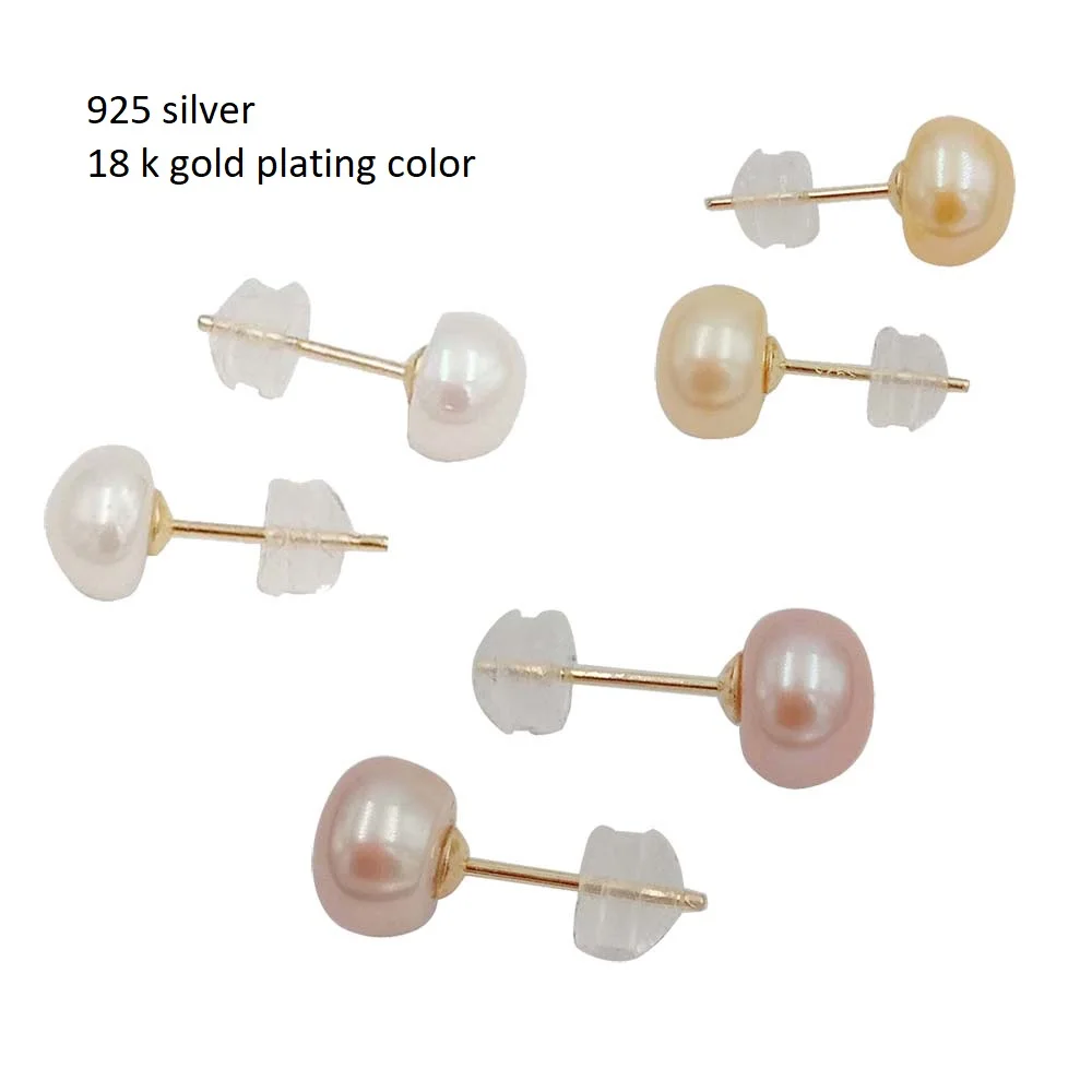 Freshwater pearl earring , 925 sterling silver stud earrings for wedding ,18 k gold plating color ,4-12 mm pearl, silicon backer
