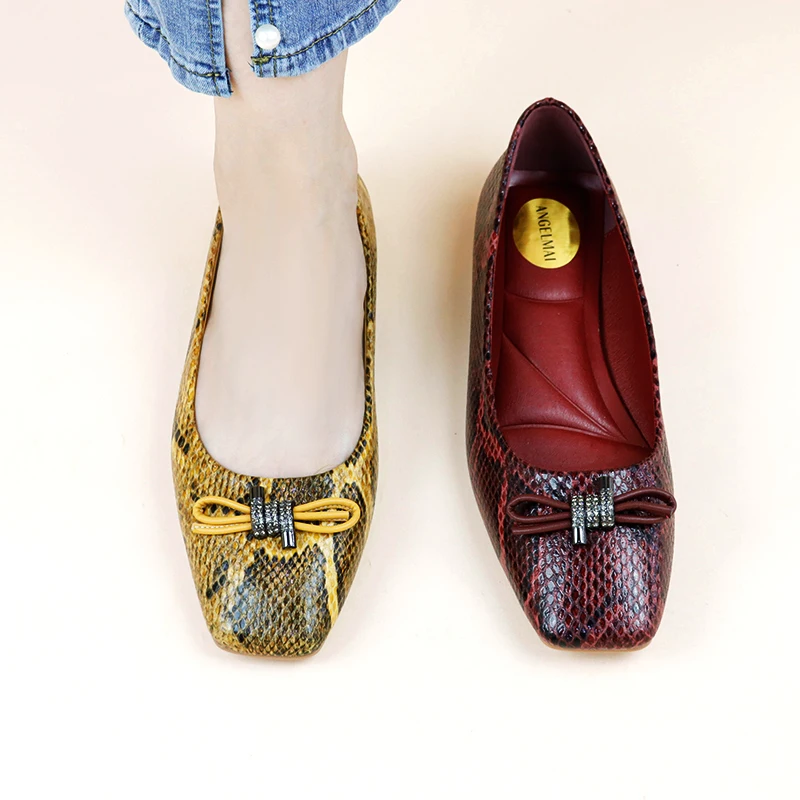 Crocodile Skin Pattern comfortable Flat ballet shoes pumps high quality latest pu bow buckle women shoes low Square heel shoes