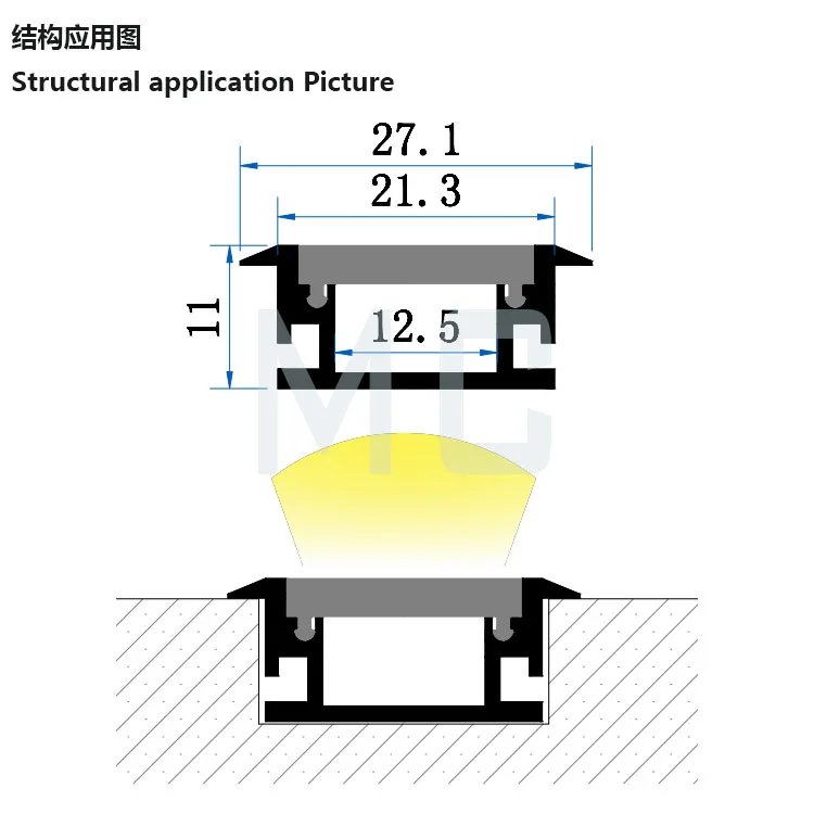 27X11mm LED underground lamp aluminum groove ,aluminum recessed profile alloy for inground/floor/wall/stair lighting