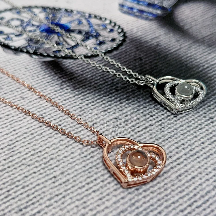 925 Silver necklace with zircone 100 Languages Necklace birthstone Women Pendant Collarbone heart photo projection necklace